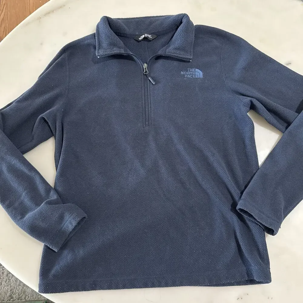 The North Face Mens Waffle Knit Quarter Zip Fleece Pullover Navy Blue Medium